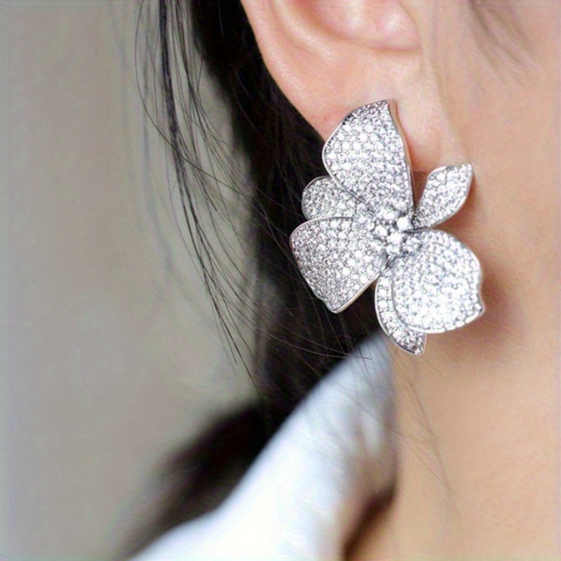 Elegant Big Floral Zirconia Stud Earrings