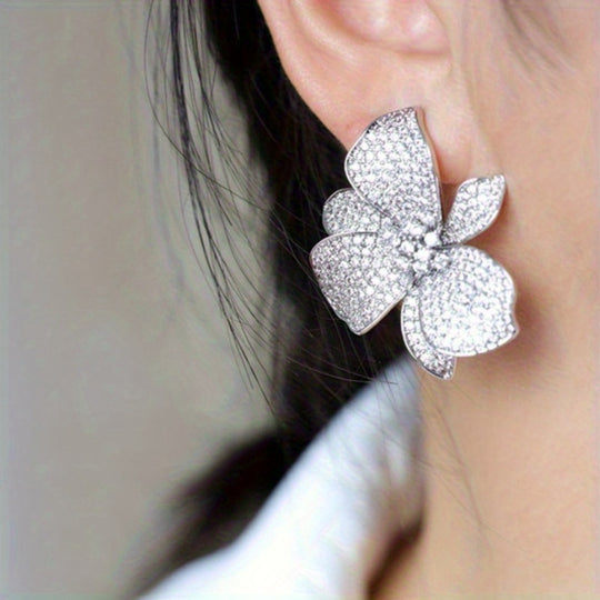 Elegant Big Floral Zirconia Stud Earrings