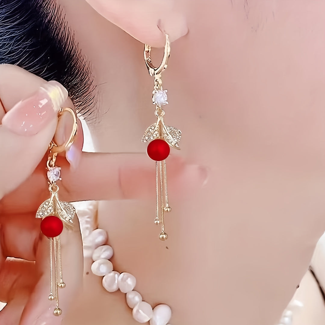 Red Faux Pearl Leaf Dangle Earrings