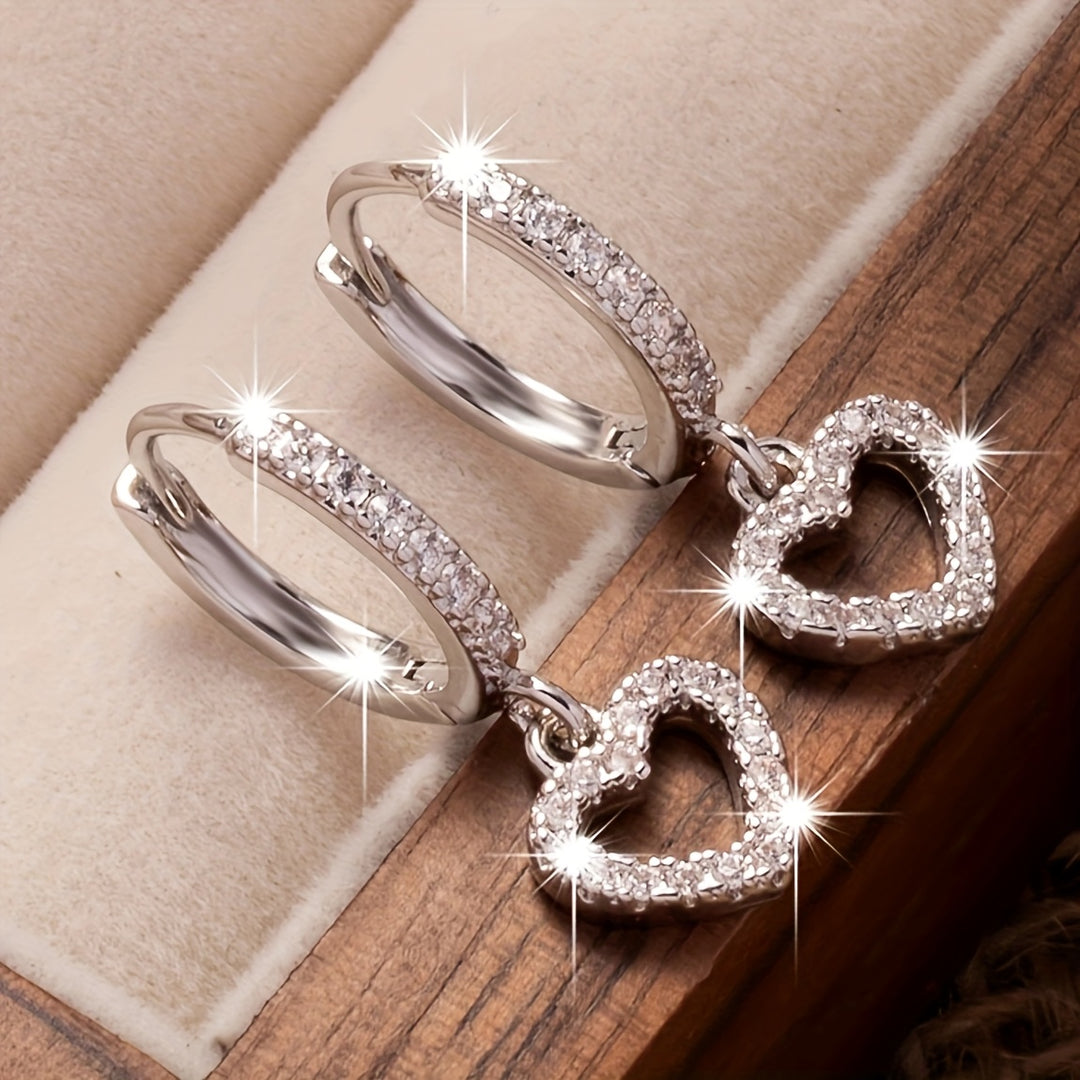 Sparkling Heart Pendant Hoop Earrings