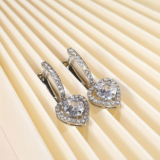 Hollow Heart Zirconia Hoop Drop Earrings