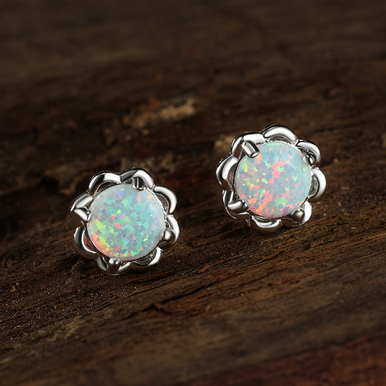 White Opal Flower Stud Earrings