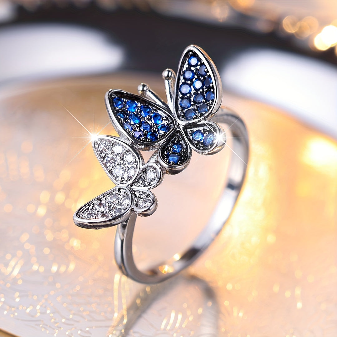 Double Butterfly Blue Zirconia Ring