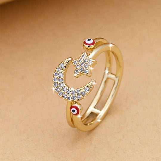 Adjustable Star & Crescent Open Ring