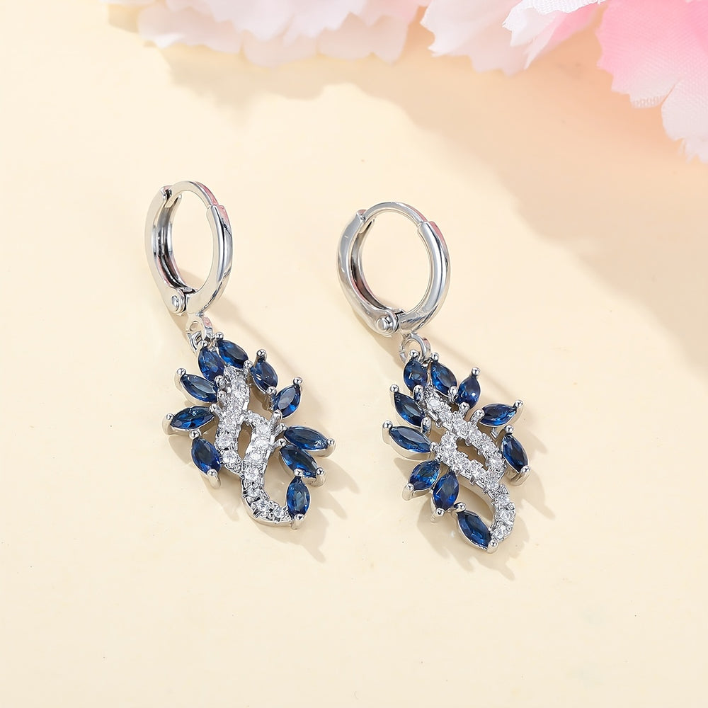 Elegant Blue Zirconia Leaf Drop Earrings