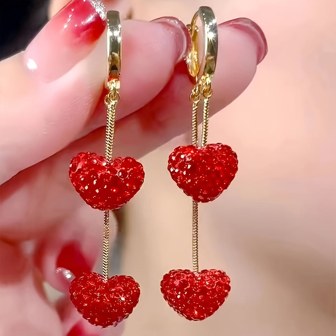 Elegant Red Heart Dangle Earrings