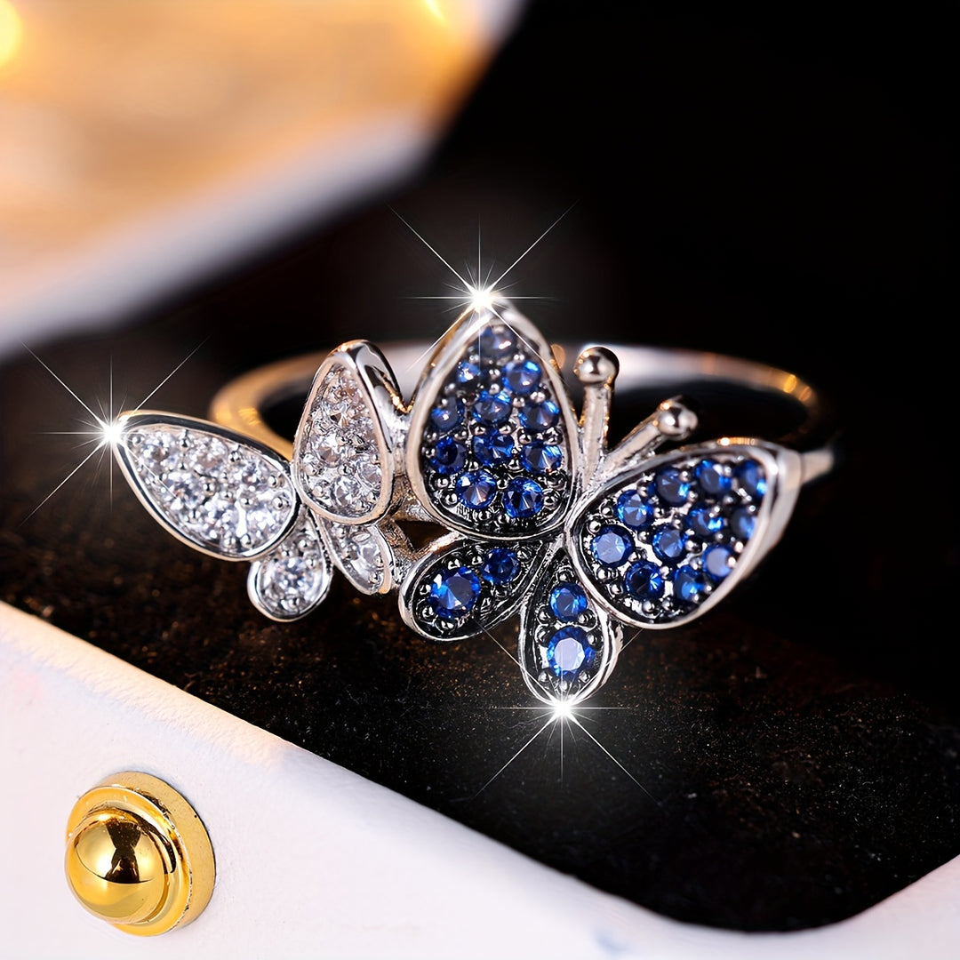 Double Butterfly Blue Zirconia Ring