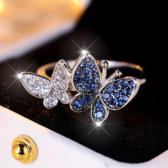 Double Butterfly Blue Zirconia Ring