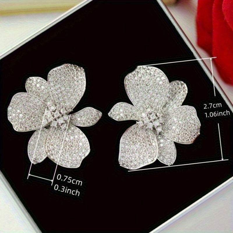 Elegant Big Floral Zirconia Stud Earrings