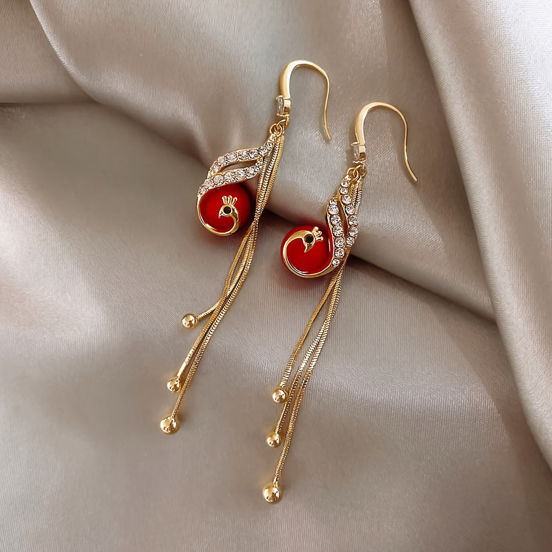 Red Faux Pearl Leaf Dangle Earrings