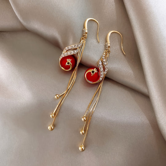 Red Faux Pearl Leaf Dangle Earrings