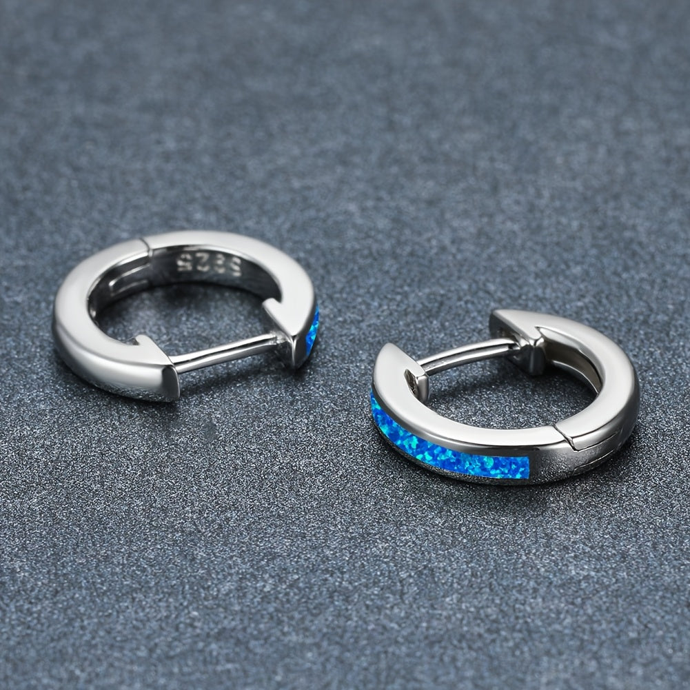 Classic Inlaid Blue Opal Hoop Earrings