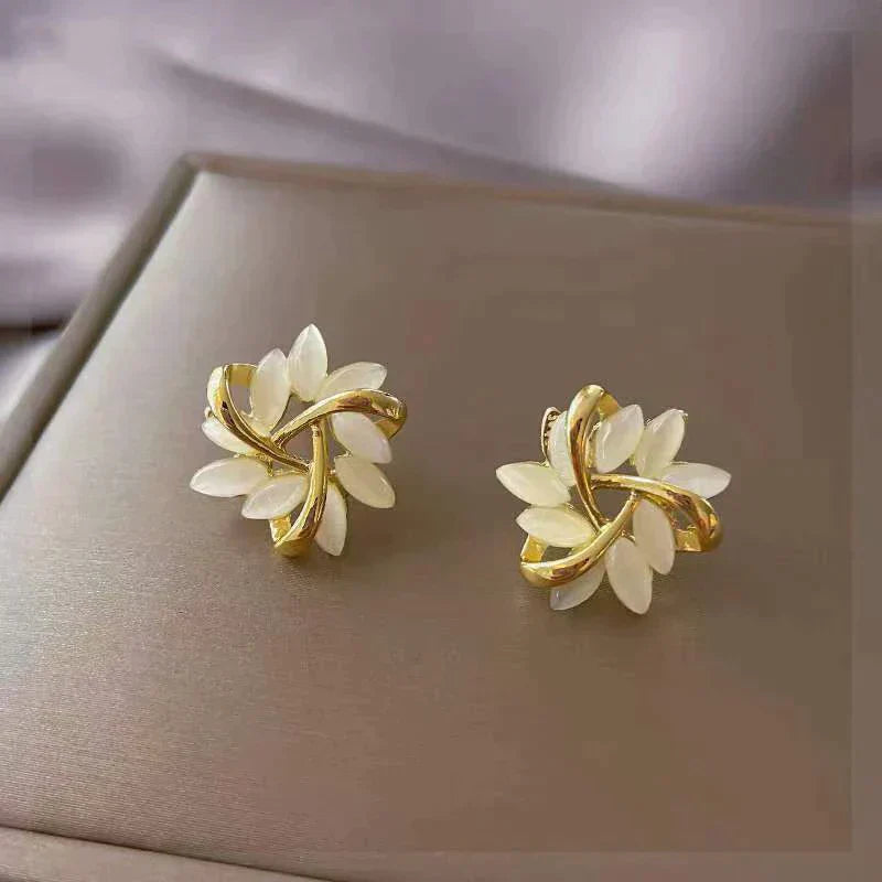 Stylish White Opal Earrings in Gold
