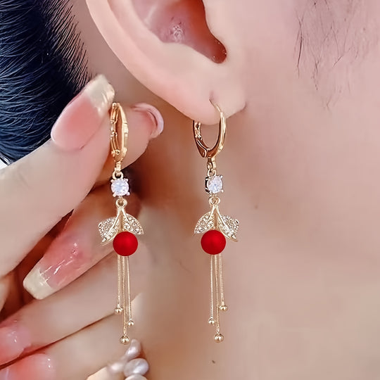 Red Faux Pearl Leaf Dangle Earrings