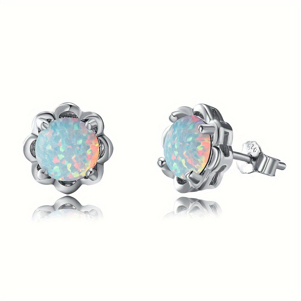 White Opal Flower Stud Earrings