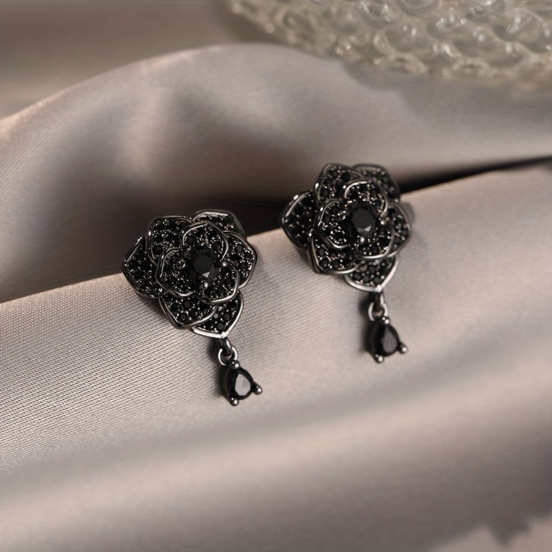 Exquisite Black Rose Zirconia Drop Earrings