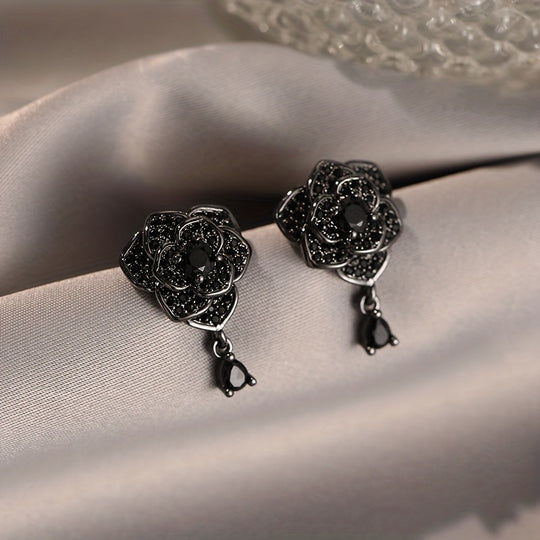Exquisite Black Rose Zirconia Drop Earrings