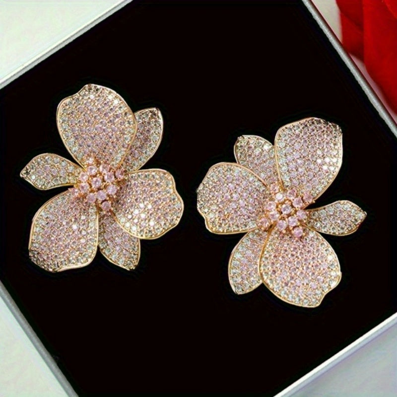 Elegant Big Floral Zirconia Stud Earrings
