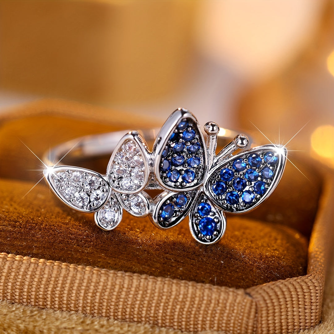 Double Butterfly Blue Zirconia Ring