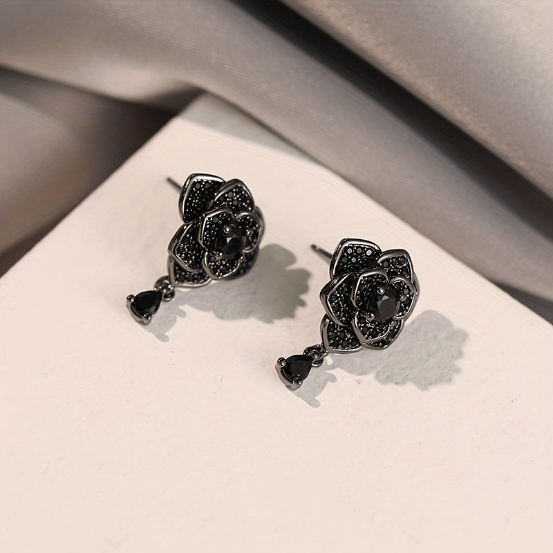 Exquisite Black Rose Zirconia Drop Earrings