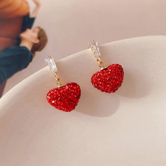 Luxurious Red Heart Dangle Earrings