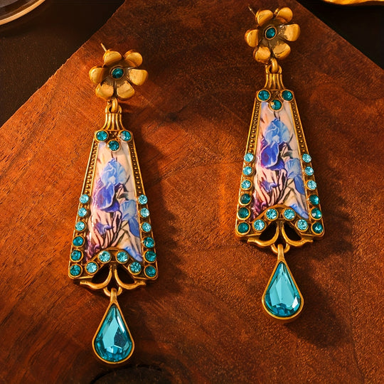 Minimalist Enamel Earrings with Blue Gemstones