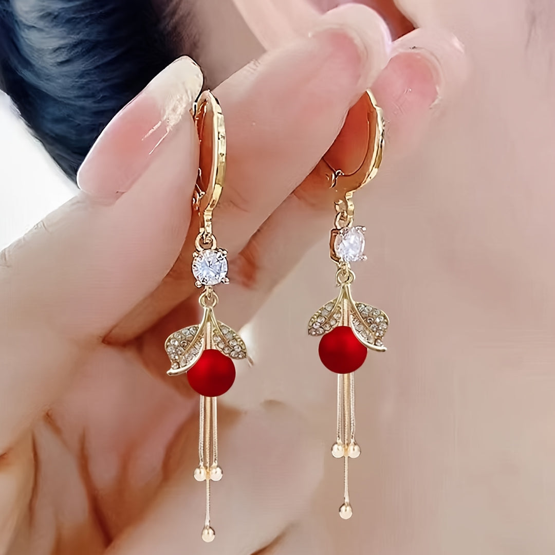 Red Faux Pearl Leaf Dangle Earrings