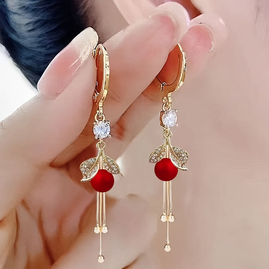 Red Faux Pearl Leaf Dangle Earrings