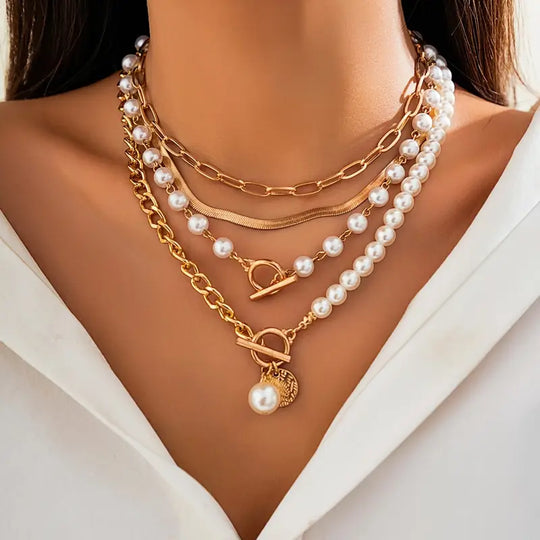 Trendy Pearl & Gold Chain Necklace Set