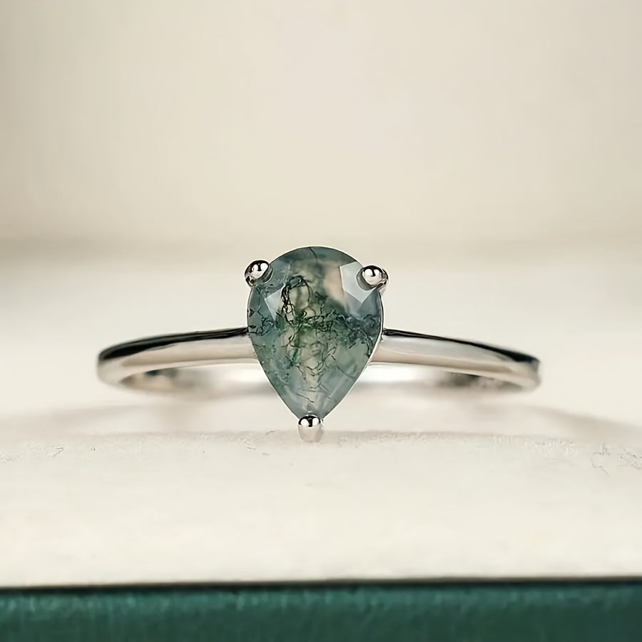 Simple Water Drop Green Agate Ring