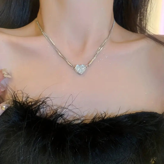 Modern Heart-Shaped Zircon Multilayer Magnet Necklace