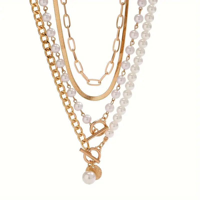Trendy Pearl & Gold Chain Necklace Set