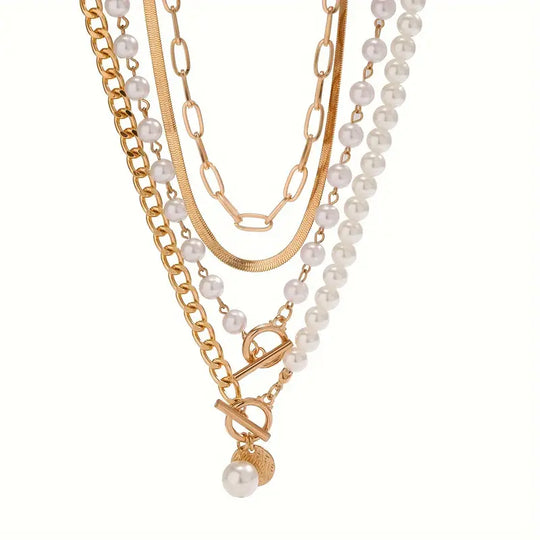 Trendy Pearl & Gold Chain Necklace Set