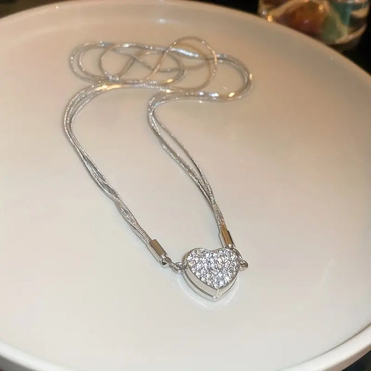 Modern Heart-Shaped Zircon Multilayer Magnet Necklace