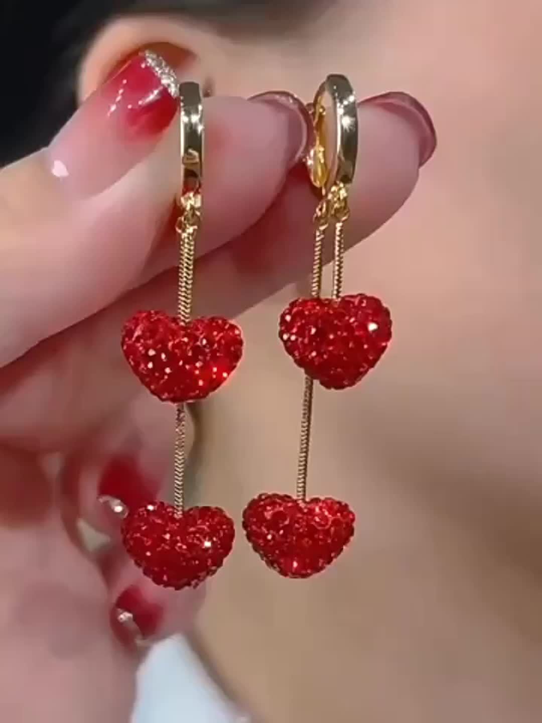 Elegant Red Heart Dangle Earrings