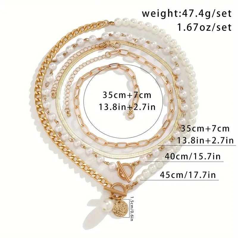 Trendy Pearl & Gold Chain Necklace Set
