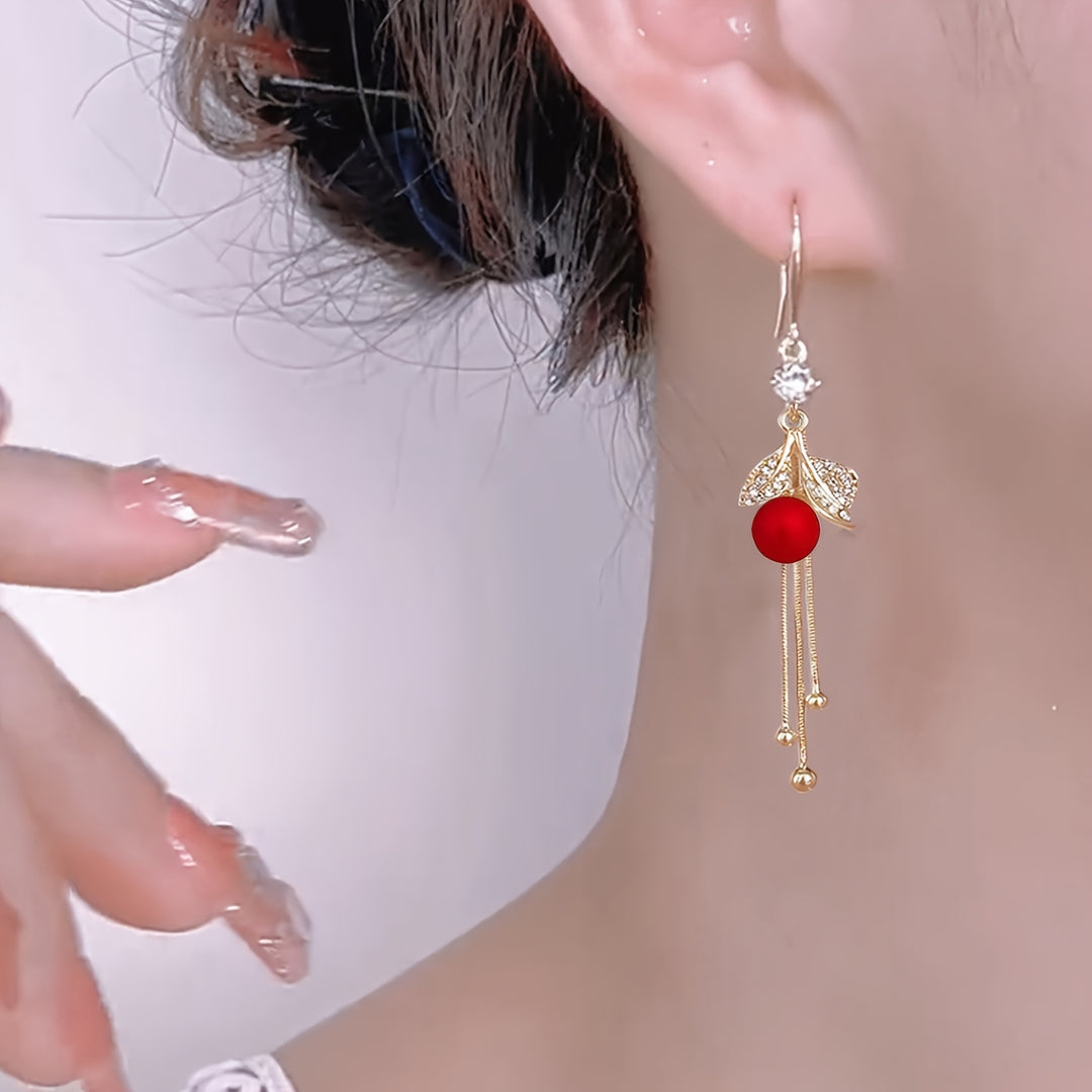 Red Faux Pearl Leaf Dangle Earrings
