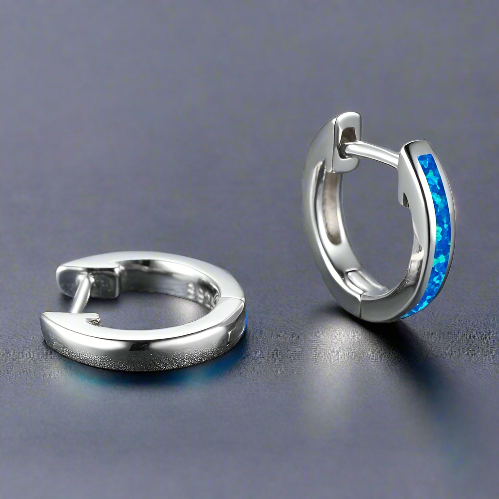 Classic Inlaid Blue Opal Hoop Earrings