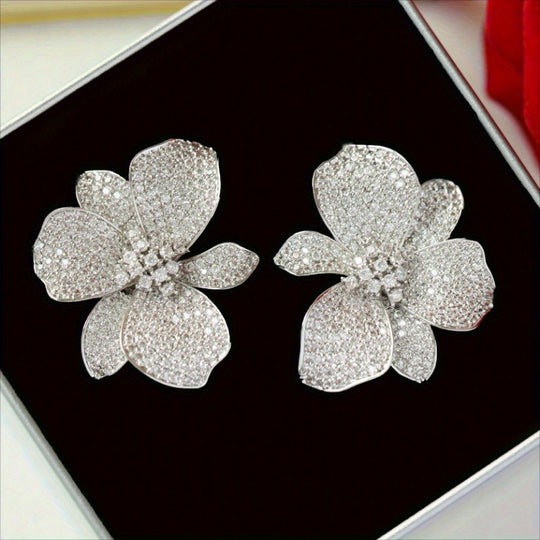 Elegant Big Floral Zirconia Stud Earrings