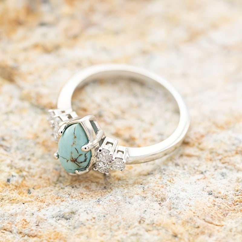 Fashionable Zirconia Oval Turquoise Ring Set