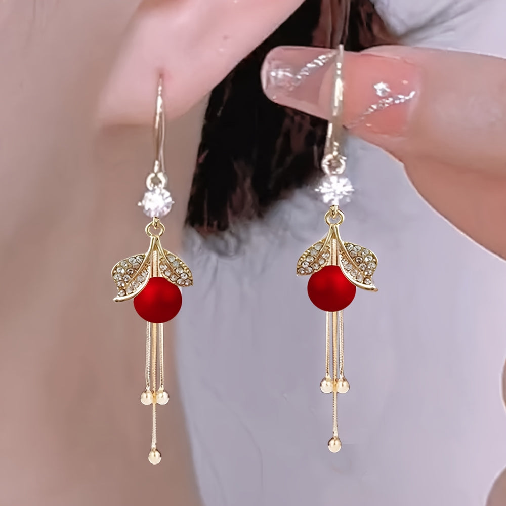 Red Faux Pearl Leaf Dangle Earrings