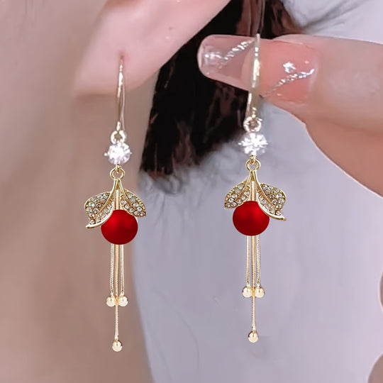 Red Faux Pearl Leaf Dangle Earrings